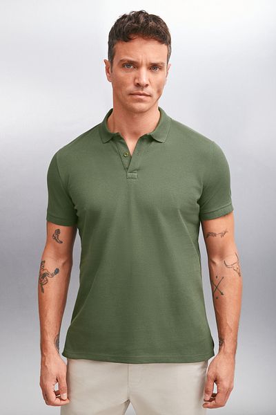 GRIMELANGE MARTEN pánské 100% bavlněné tričko Regular Fit Khaki Polo s krátkým rukávem