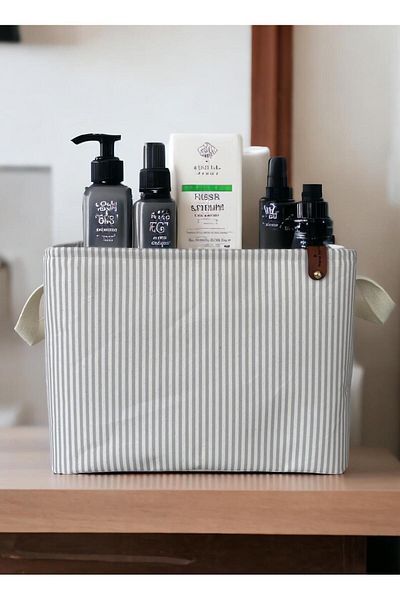 PRENDİ HOME Gray Striped Multi-Purpose In-Cabinet Toy Storage Box Basket Organizer 27X37X25