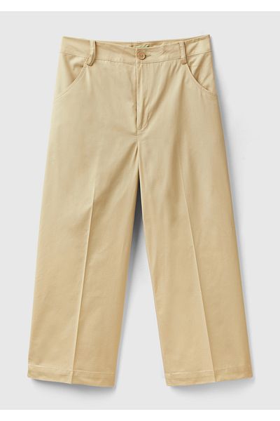 United Colors of Benetton Women's Beige 100% Cotton Short Wide Leg Pants