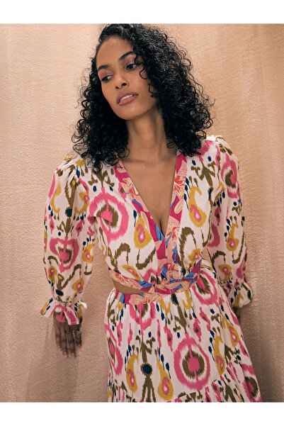 Sassafras By Styli Ikat Print Cut-Out Waist Tiered Maxi Dress