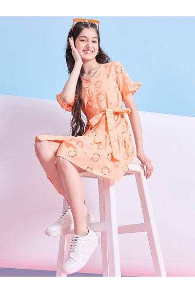 Stylo Bug By Styli Schiffli V Neck Knee Length Dress