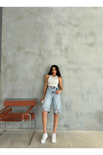 Zeo Basic LAZERLİ (YIRTIKLI) BERMUDA ŞORT MAVİ TİNTLİ