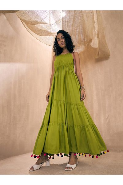 Sassafras By Styli Embroidered Neckline Pom-Pom Detail Tiered Maxi Dress