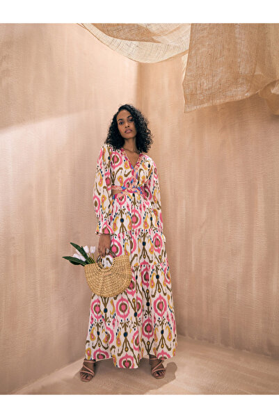 Sassafras By Styli Ikat Print Cut-Out Waist Tiered Maxi Dress