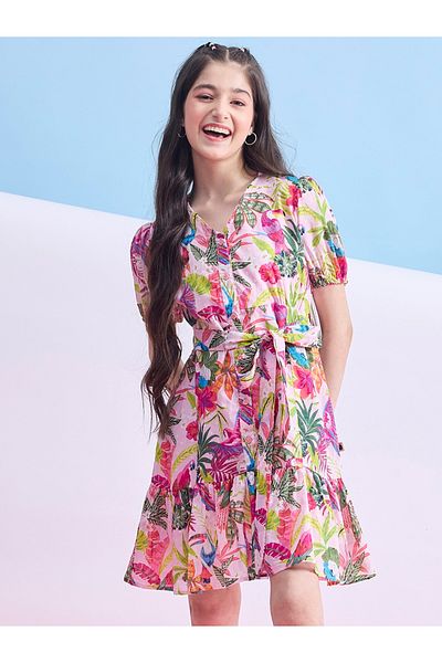 Stylo Bug By Styli Floral Print Dobby Dress with Tie Belt