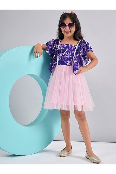 Stylo Bug By Styli Floral Print Mesh Insert Dress with Ruffled Sleeves