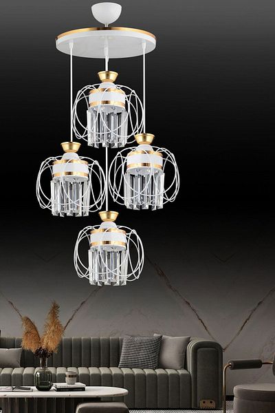 KARDELEN AYDINLATMA AVİZE Pendant Lamp Tray White 4-Piece Sapphire Yellow Crystal Stone Downward Facing Luxury Chandelier