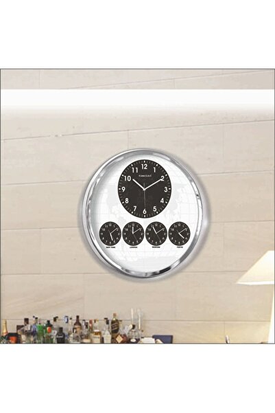 M3DECORİUM Dev Büyük Krom Resepsiyon Çoklu 60 Cm 5 Şehirli Dünya Duvar Saati