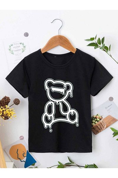 VASK Unisex Άνετο βαμβακερό εμπριμέ μαύρο παιδικό μπλουζάκι