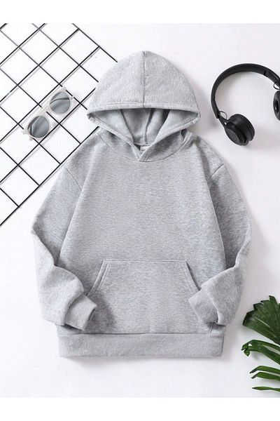 VASK UNISEX CHILDREN'S HOODED COTTON PLAIN GRAY SWEATSHIRT