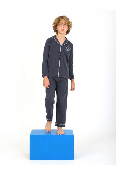 vitmo Boy's Pajama Set - Long Sleeve, Buttoned, Solid Vip Anthracite