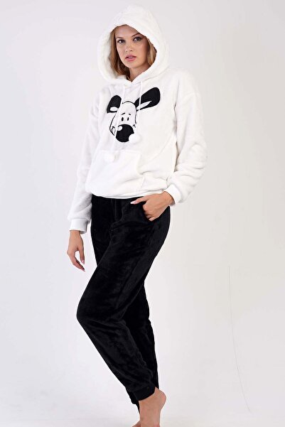 VİENETTA Set de pijamale Welsoft pentru femei cu glugă - umăr căzut, mânecă lungă, buzunar cangur