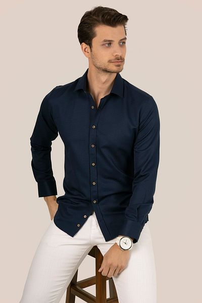 Etikmen Herrenhemd - Marineblau, Slimfit, brauner Knopf, Geschenkbox