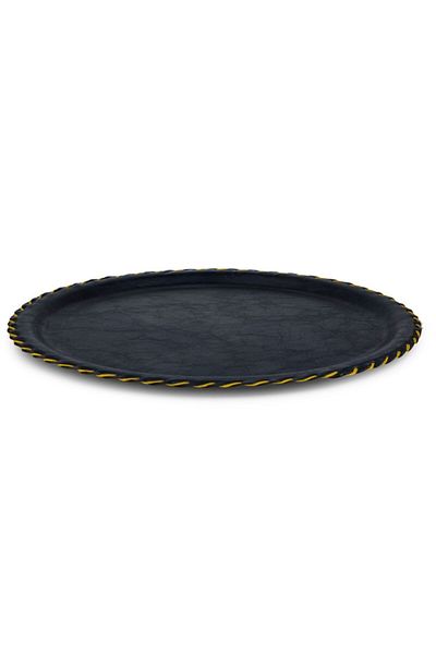 Tria Navy Blue 1 Piece 33 Cm Round Leather Tray - Handmade