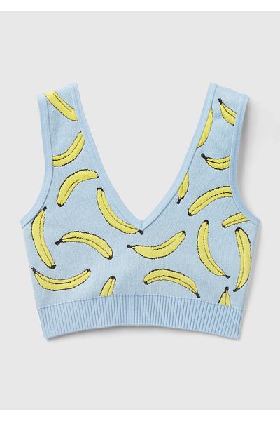United Colors of Benetton Light Blue 3d Banana Patterned V-neck Cotton Blend Knitwear Women's Bustier