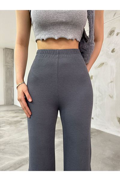 CNRCollection Women's Gray Trousers with High Waist and Soft Fabric - Wide Leg, Loose Relaxed Fit, Slit