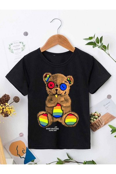 VASK Unisex Άνετο βαμβακερό εμπριμέ μαύρο παιδικό μπλουζάκι