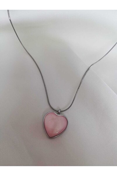 Judas Takı Pink Heart Patterned Women's Necklace - Steel Chain