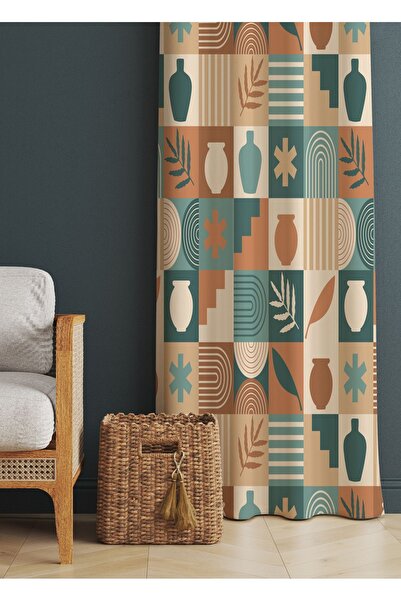 ALAMODECOR Kahve Bohem Vazo Ve Soyut Çizimli Oturma Odası § Salon Fon Perdesi...