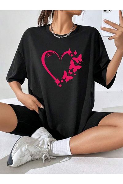 VASK Unisex Μπλουζάκι με στάμπα ροζ πεταλούδα καρδιά