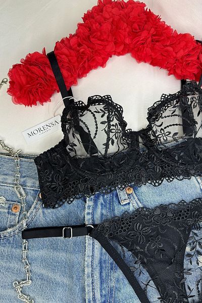 Morensa Set sutien și lenjerie intima cu model floral negru - sârmă