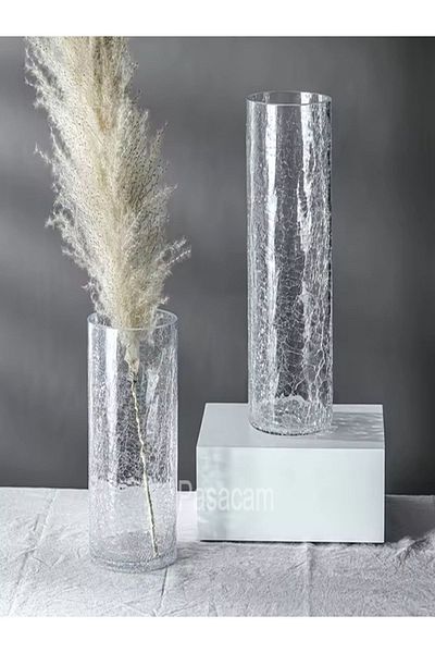 Paşabahçe Sea Cylinder Glass Vase - Water Crack Mod 15 Cm, Handmade