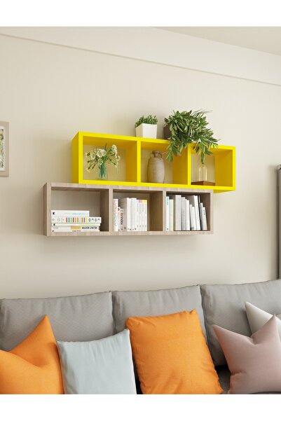 Dekormer Design Kitaplık Ofis Duvar Rafı Renkli Ikili Takım Sarı Cordoba