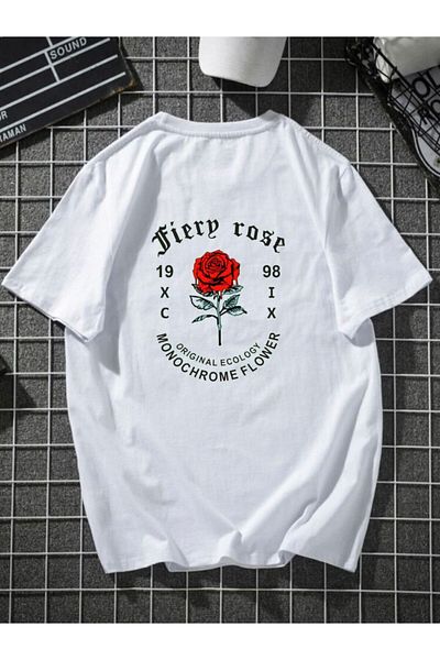 MODADEER Unisex Fiery Rose Oversize Tshirt (Red Rose on back)