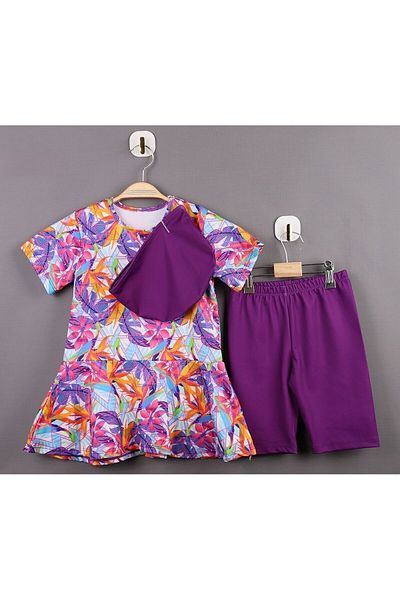 AyCaTa Floral Patterned Boneli Girl's Triple Swimsuit Set