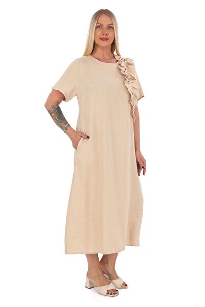 mardi exclusive Beige Large Size Crew Neck 100% Linen Dress