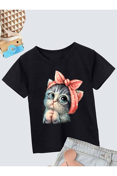 VASK Unisex Άνετο βαμβακερό εμπριμέ μαύρο παιδικό μπλουζάκι
