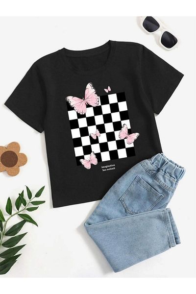 VASK Unisex Comfortable Cotton Checkerboard Butterfly Printed Children's T-shirt