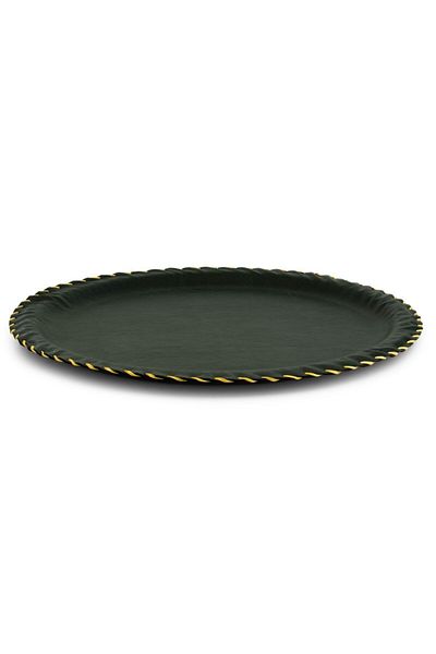 Tria Green Round Leather Tray - 1 Piece 33 Cm Handmade