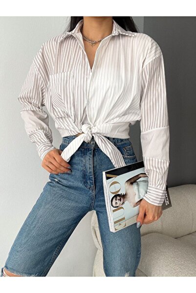 BaykuşButik Kadın tek cepli oval kesim salaş çizgili gömlek