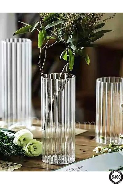 Paşabahçe 10 cm Width and 25 cm Height Optical Striped Borosilicate Cylinder Glass Vase - 1 Piece