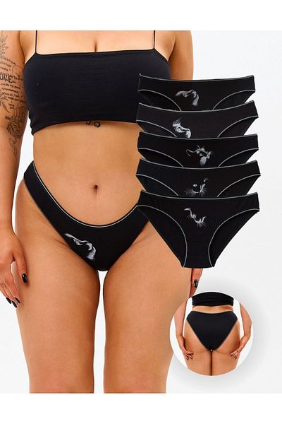 ALYA UNDERWEAR Chiloți pentru femei din bumbac imprimat cu pisică neagră 5 bucăți