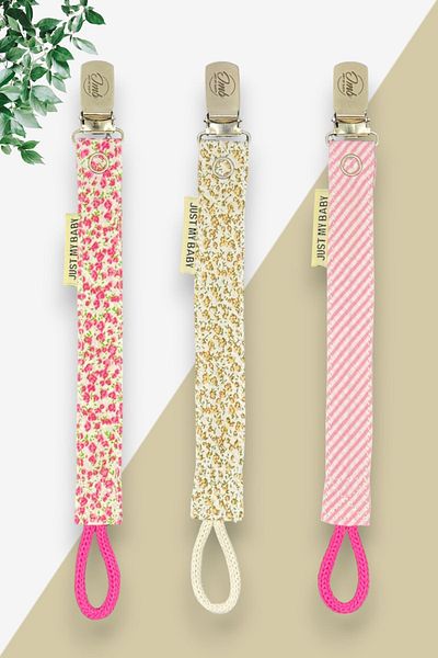 JMB Just My Baby Pacifier Straps - 3 Pieces - Pink Floral/Beige Floral/Pink Side Stripes - Washable - Cotton