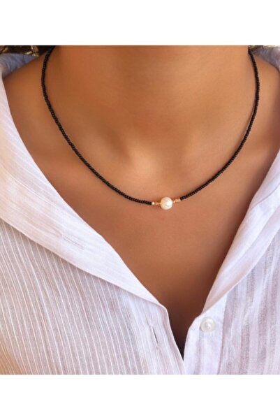 Mudita Tasarım Siyah Barok Incili Kolye