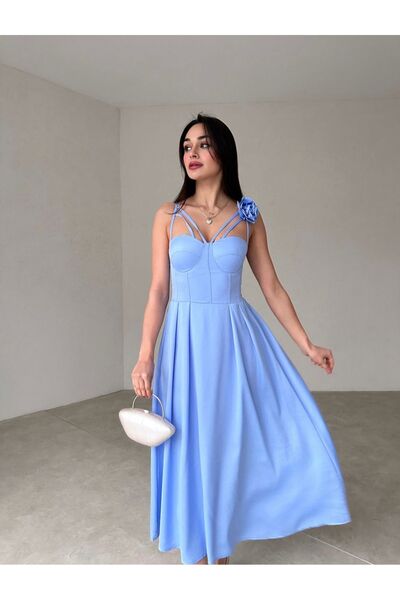Afiş Butik Bebe Mavi Askılı Göğüs Cuplu Pileli Elbise