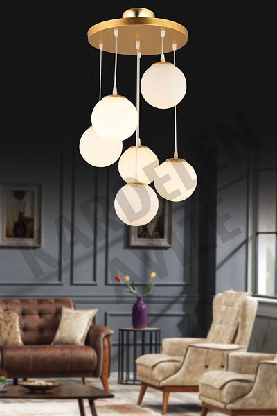 SONSUZ AYDINLATMA&AVİZE Gold Pendant Tray - 6-Piece White Globe Glass Luxury Chandelier Set