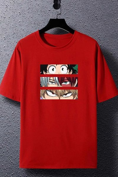 NO 601 Tricou oversize roșu unisex - 3 piese cu imprimeu anime dreptunghiular