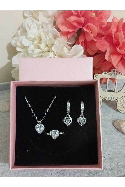 HKN AVM ACCESSORİES Steel Pandora,L Ring Necklace Earring Ring Set Serious Relationship Ring