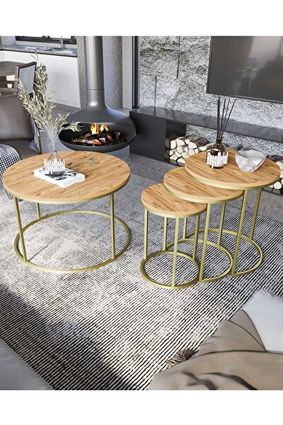 Huga Metal Ceylin Sehpa Seti - Antik Çam Suntalam - Zigon Sehpa-Orta Sehpa