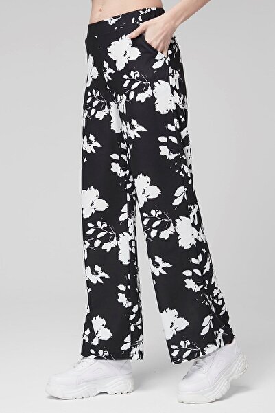 Seamoda Plus Size Floral Patterned Relaxed Fit Long Pants - Elastic Waist, Pocketed Wide Leg-BLACK