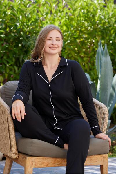 PİJAMOOD Plus Size Women's Black Long Sleeve Cotton Front Buttoned Piping Pajamas Set