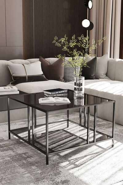 Huga Metal Kare Orta Sehpa Siyah Metal Füme Cam