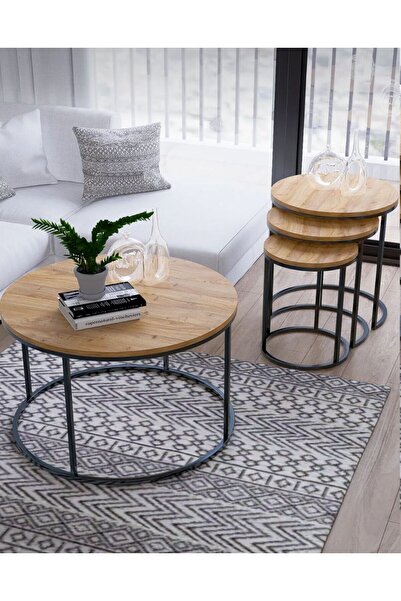 Huga Metal Ceylin Sehpa Seti - Antik Çam Suntalam - Zigon Sehpa-Orta Sehpa