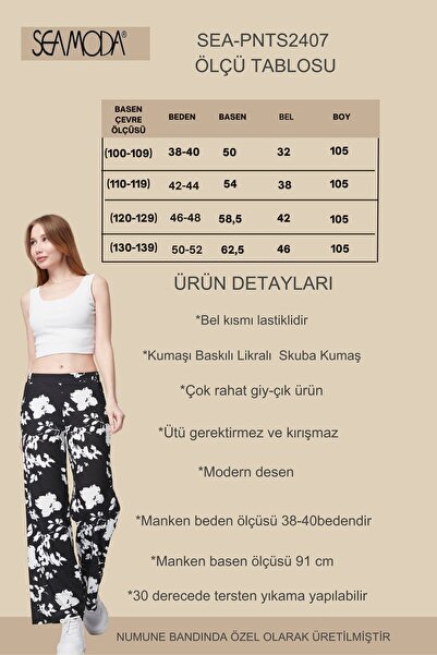 Seamoda Plus Size Floral Patterned Relaxed Fit Long Pants - Elastic Waist, Pocketed Wide Leg-BLACK