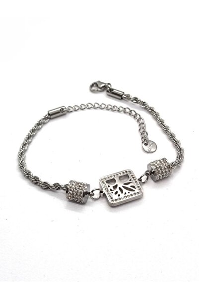 Brassito سوار نسائي من الفولاذ بتصميم مربع من حجر الزركون - لون فضي مع تفاصيل شجرة، خالٍ من التشويه، 100% من الفولاذ