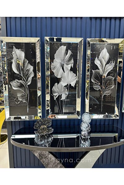 Efe Ayna YAPRAK- 3'LÜ GÜMÜŞ AYNA TABLO SETİ-40x90cm  (40x90cm  x 3adet tablo )